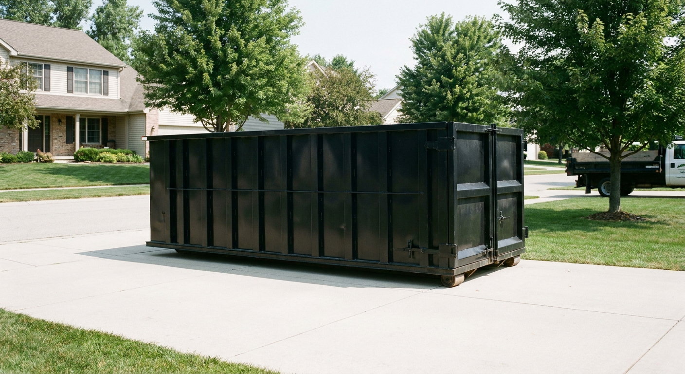 Matte-black 20-yard roll-off dumpster sitting level on a clean Oswego residential concrete driveway under bright daylight, demonstrating clean placement directly on the concrete.
