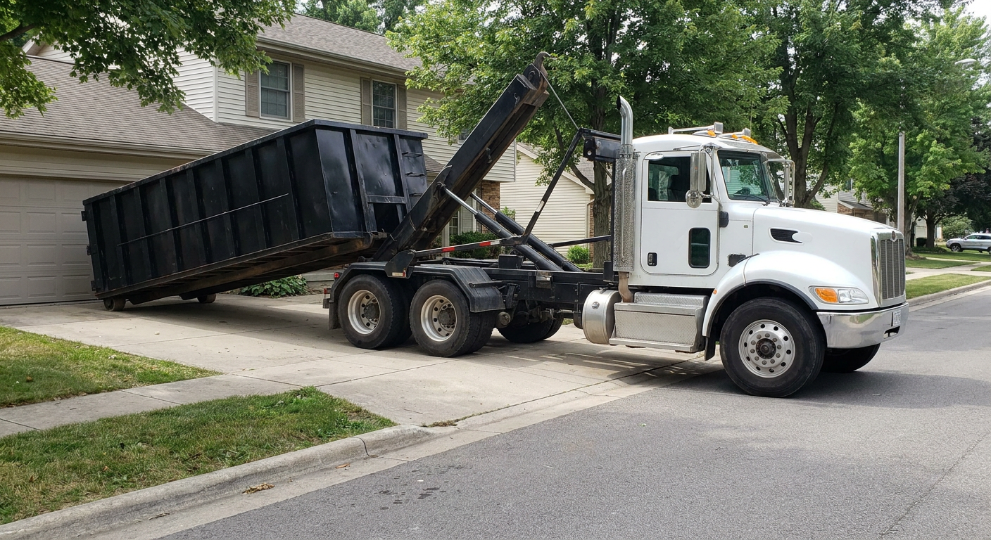 White-cab hooklift roll-off truck actively lowering a matte-black dumpster onto a Oswego residential concrete driveway, the dumpster's rear wheels touching the driveway as the hoist arm tilts the bed forward, mid-morning daylight.