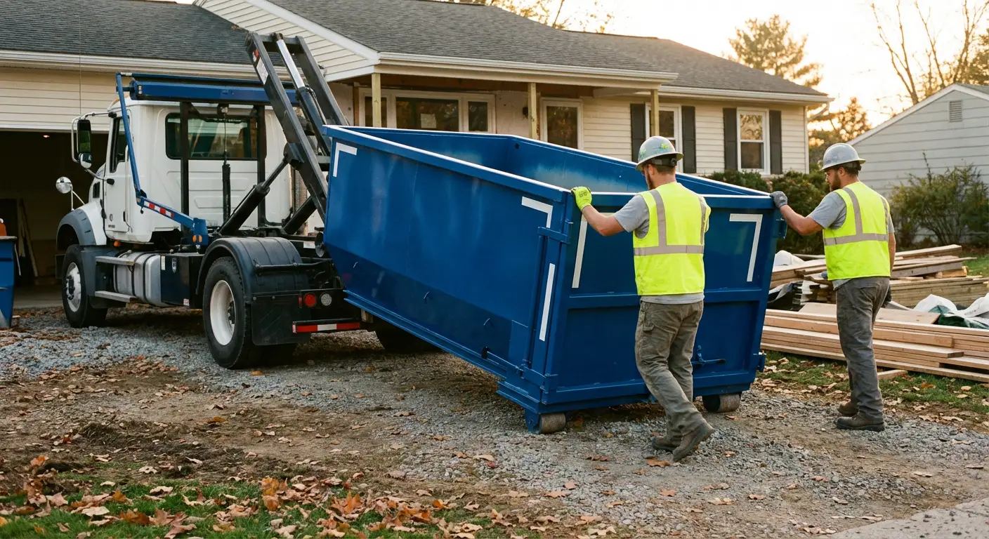 Construction dumpster delivery truck in action in Syracuse, NY