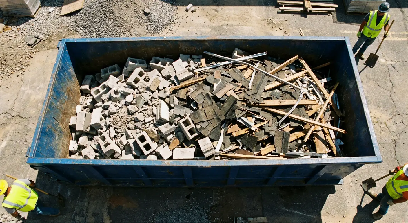 Roll-off dumpster loaded with construction debris in Syracuse, NY