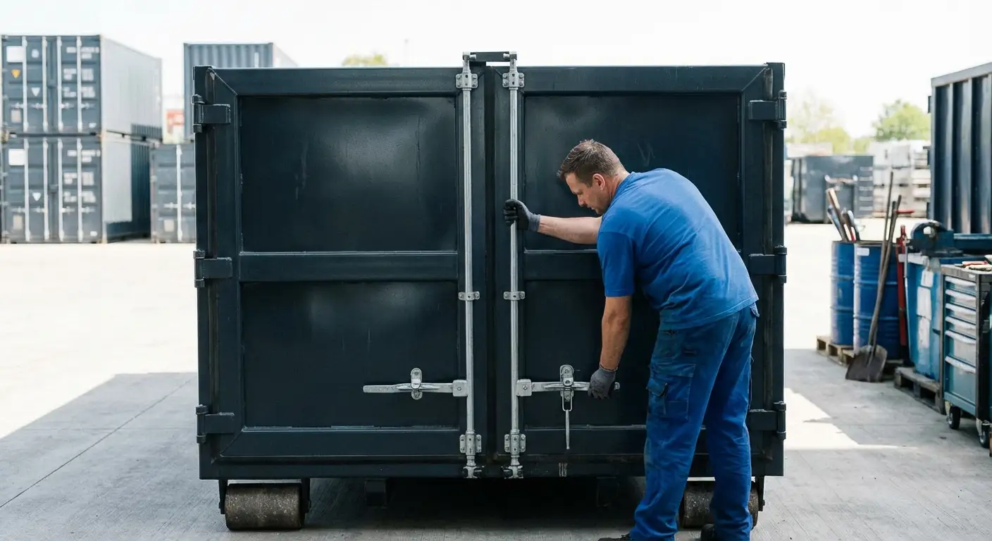 Dumpster walk-in loading door open showing easy access in Syracuse, NY