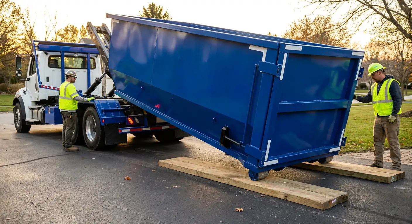 Dumpster delivery on driveway in Syracuse, NY