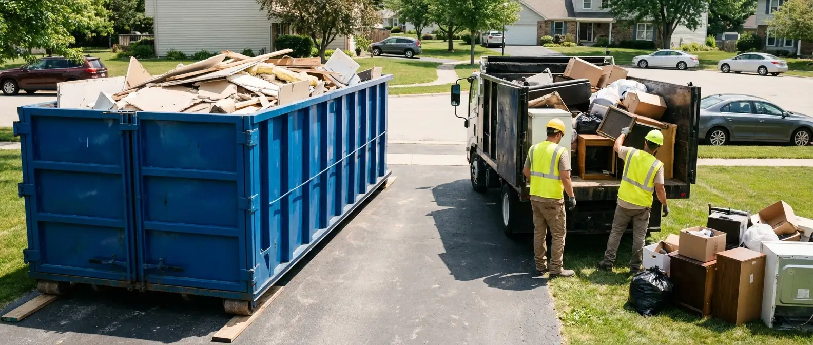 Dumpster rental versus junk removal service comparison showing capacity differences in Syracuse, NY
